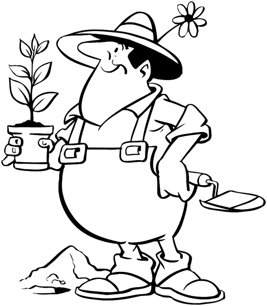 Gardener planting a small bush vinyl sticker. Customize on line. Gardening 045-0183